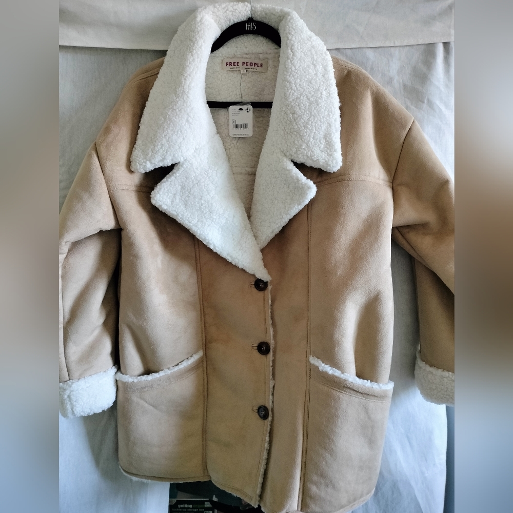 Free People Diogo Sherpa Coat Penny Lane NWT New Tan Beige Polyester #Fallvibes
